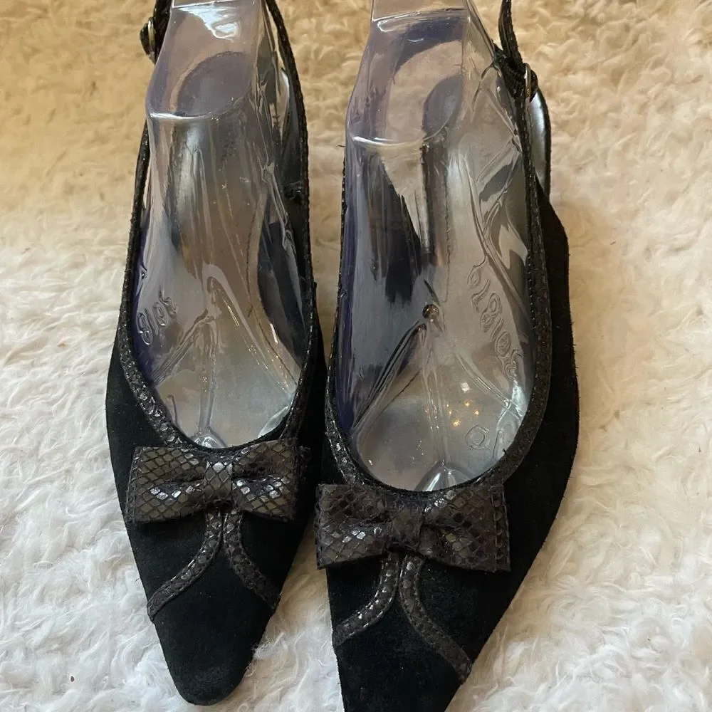 Merona Leather Suede Black with fabric bow and trim sling back3”heels shoes SZ10